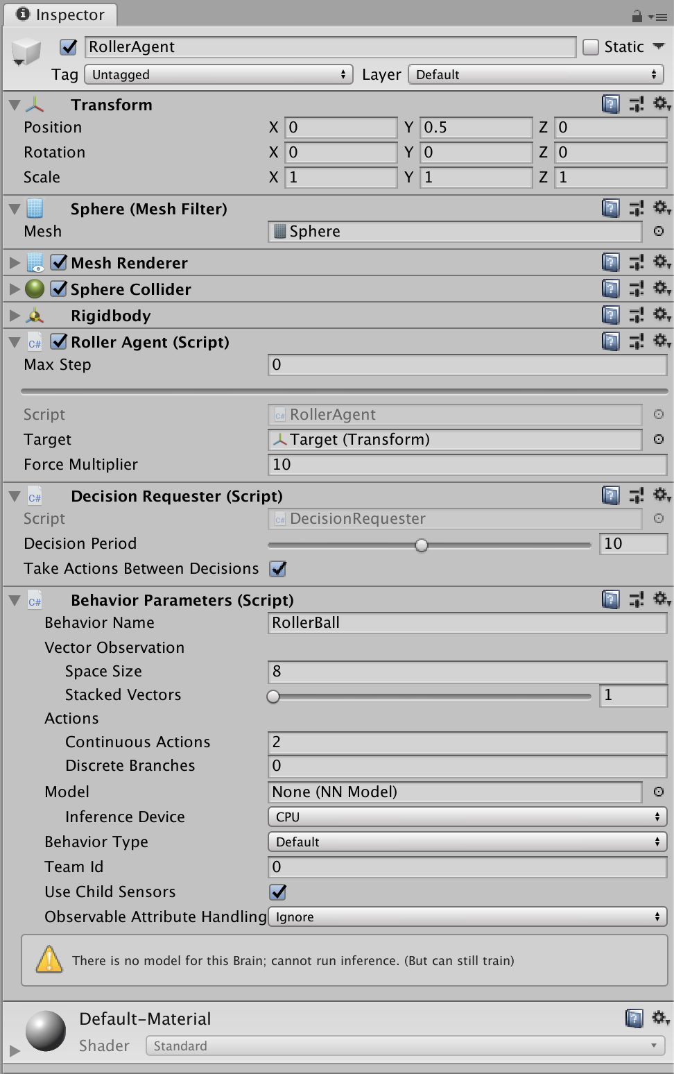 The Agent GameObject in the Inspector window