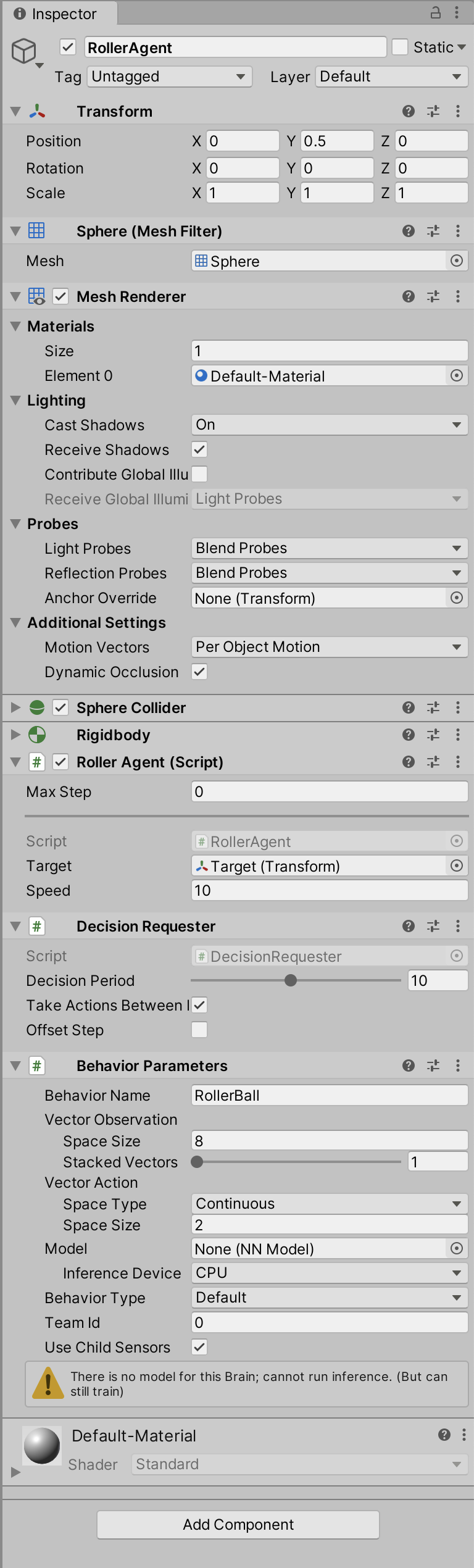 The Agent GameObject in the Inspector window
